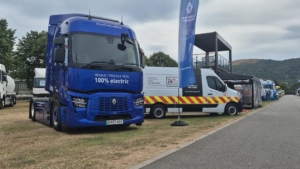 Renault Truck Commercials Electric Tractor Unit and 24 hour recovery vans with Renault Truck Commercials Clubhouse in background